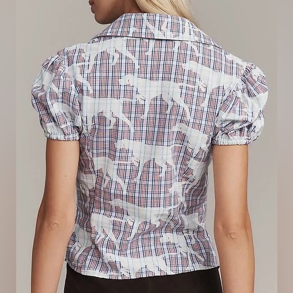 Maeve Anthropologie Puff Sleeve Plaid Blouse Pointer Print Medium NWT - Picture 2 of 8